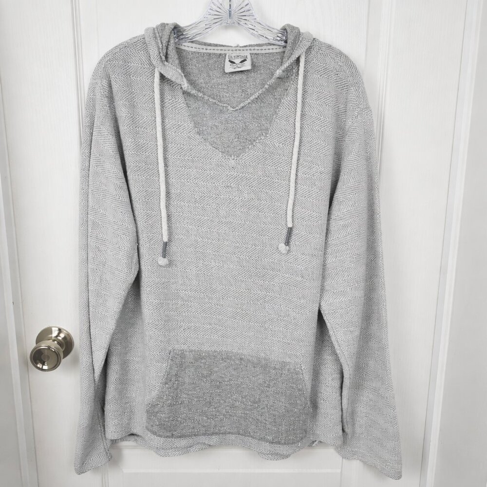 U.S. Vintage Herringbone Hoodie Gray Raw Hem Lightweight Pullover Size L